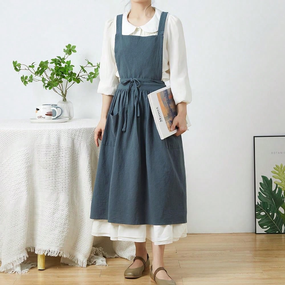 Gardening Tools For Women - 簡単な北欧風プリーツスカートコットンリネンエプロン女性ガールズヴィンテージエプロンガーデニングワークスクロスバックピナフォアドレス