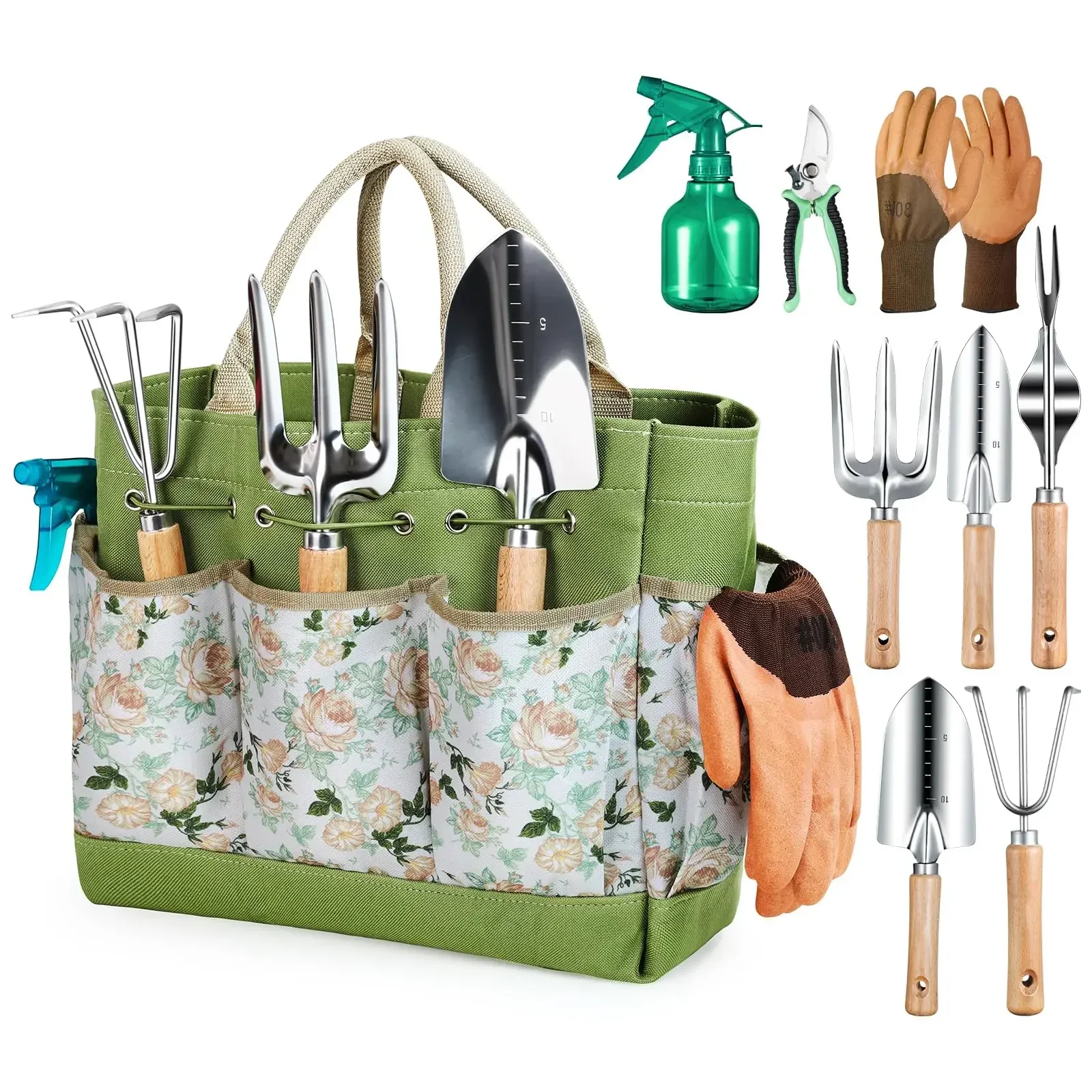 Gardening Tools For Women - 頑丈なガーデニングハンドツール、耐久性のあるオーガナイザーハンドバッグ、防錆コンビネーション、ガーデンツールセット、9個