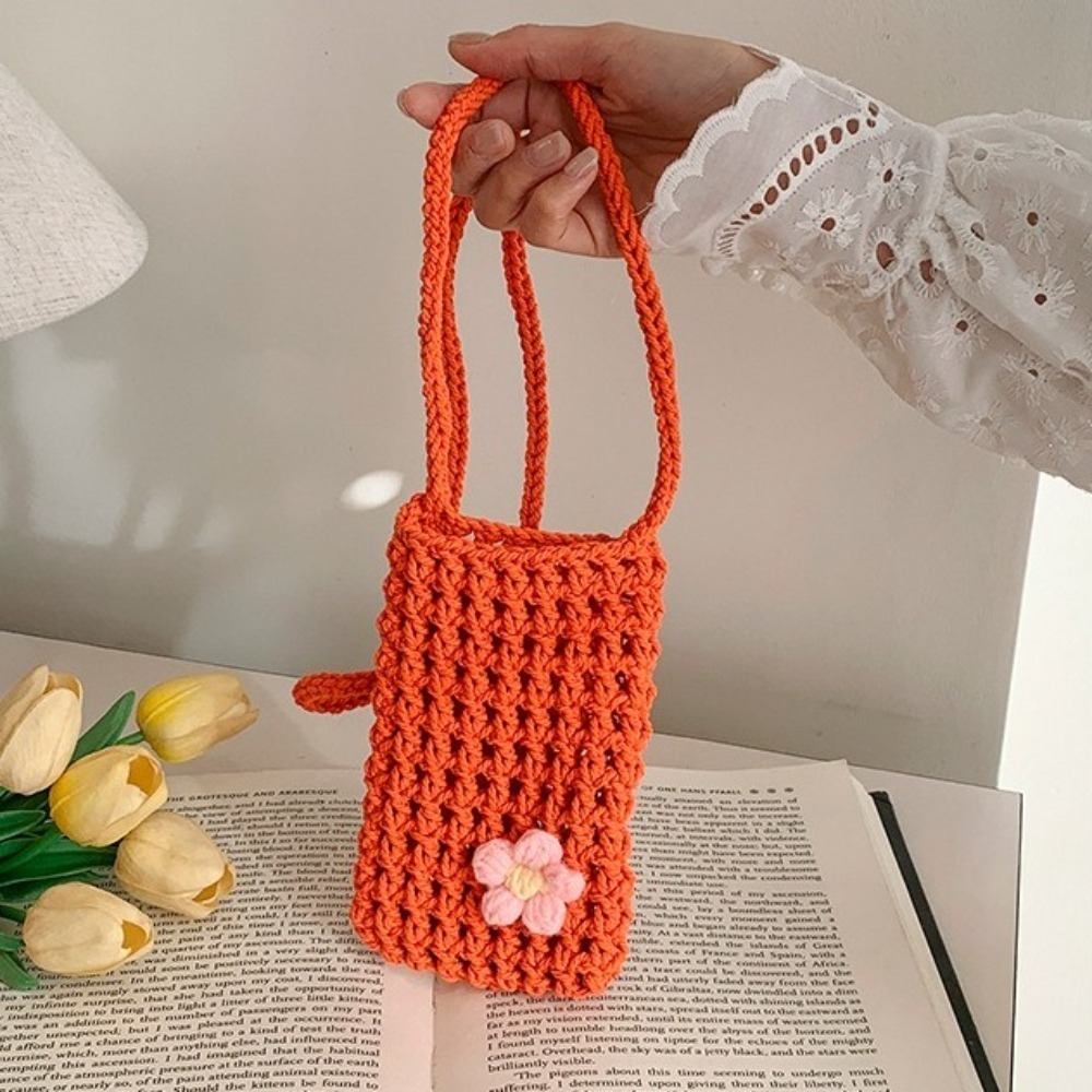 Outdoor Planting Bag - かわいい花柄編みクロスボディバッグ、中空スクエアクロシェ電話バッグ、ハンドバッグ、無地ニットメッセンジャーバッグ、デイリーユース
