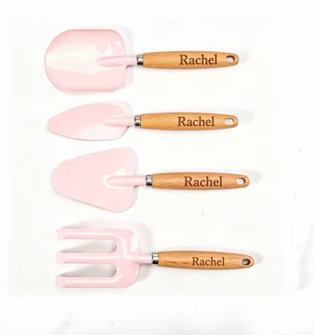 Gardening Tools Names - パーソナライズされた名前入りミニ木製ハンドル園芸工具セット4個入り金属製植栽シャベルレーキキット、カスタム園芸工具4個セット